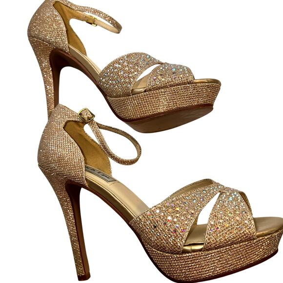 Touch Ups Shoes 9 Gold Glitter Platform Open Toe High Heel Pump Stiletto - Picture 2 of 6